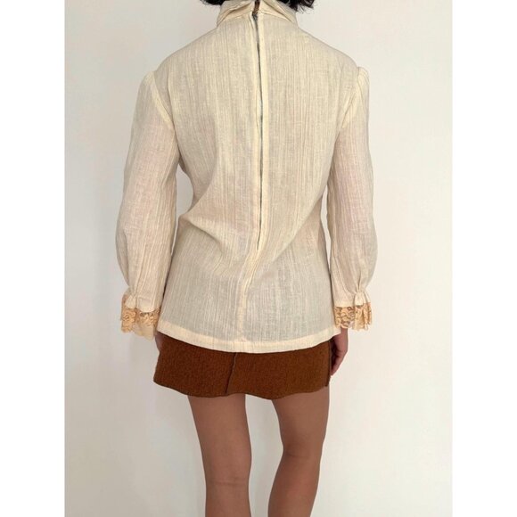 60s vintage beige boho ruffled lace jabot collar peasant sleeves linen blouse - Picture 5 of 9